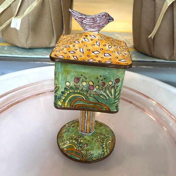 Adorable Empress Arts Enamel metal bird house; trinket box top lid 1999 so cute - Picture 2 of 6